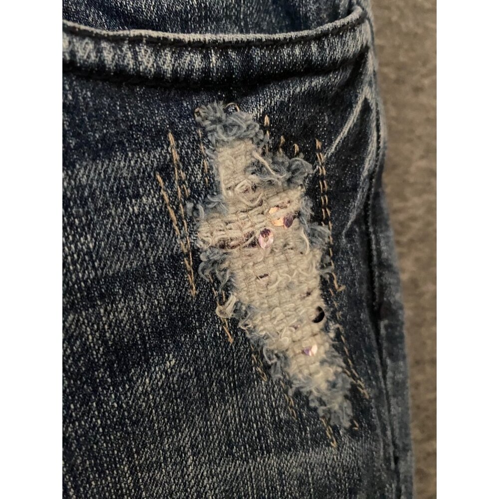 Vigoss Juniors Size 5 Bootcut Distressed Denim Jeans Sequin Holes Flare Stretch - Picture 7 of 8